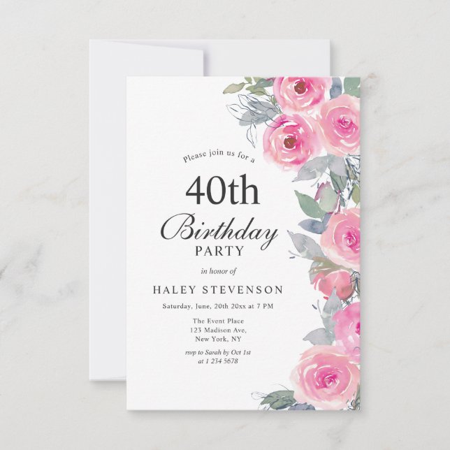 Invitation Aquarelle rose feminine Floral Chic 40e anniversai (Devant)
