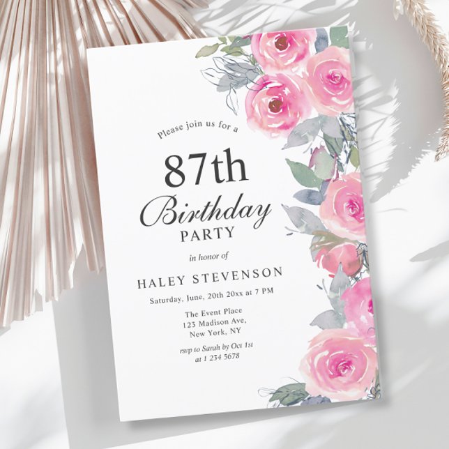 Invitation Aquarelle rose feminine Floral Chic 87e anniversai (Créateur téléchargé)