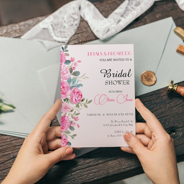 Invitation Aquarelle rose Fête des mariées d'arche florale (petals and prosecco Pink floral Bridal shower card )