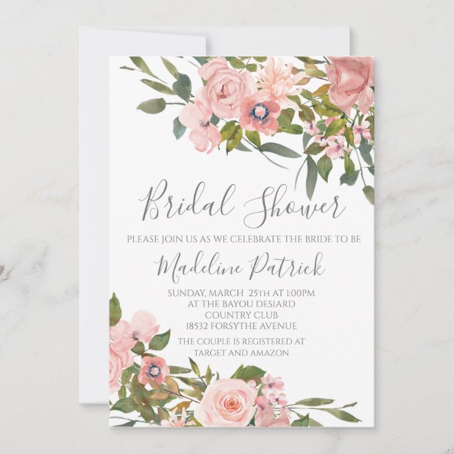 Invitation Aquarelle rose Fête des mariées florale (Devant)