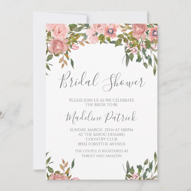 Invitation Aquarelle rose Fête des mariées florale (Devant)