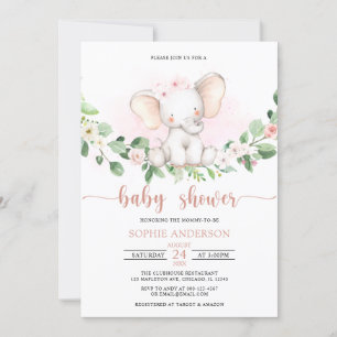 Invitation Aquarelle rose fille bébé Baby shower éléphant
