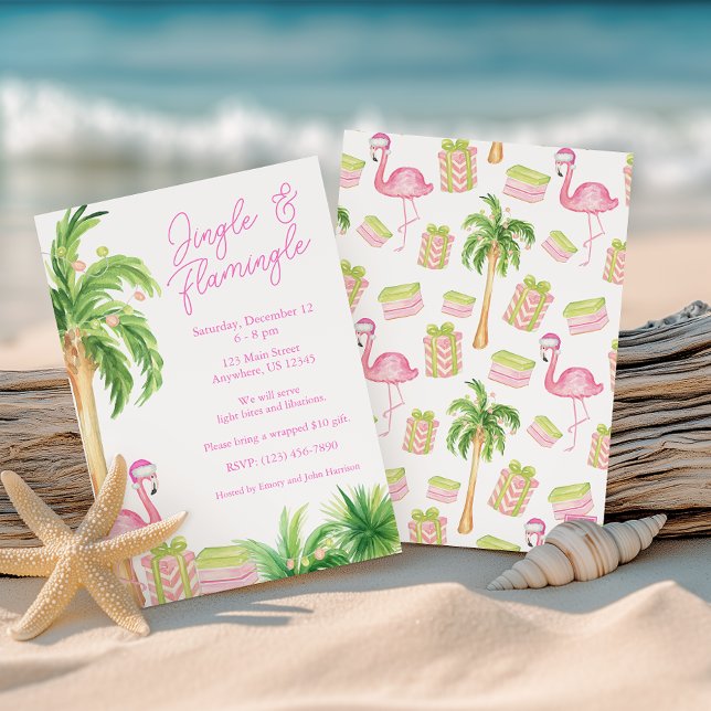 Invitation Aquarelle rose Flamant rose de plage Photo de Noël (Créateur téléchargé)