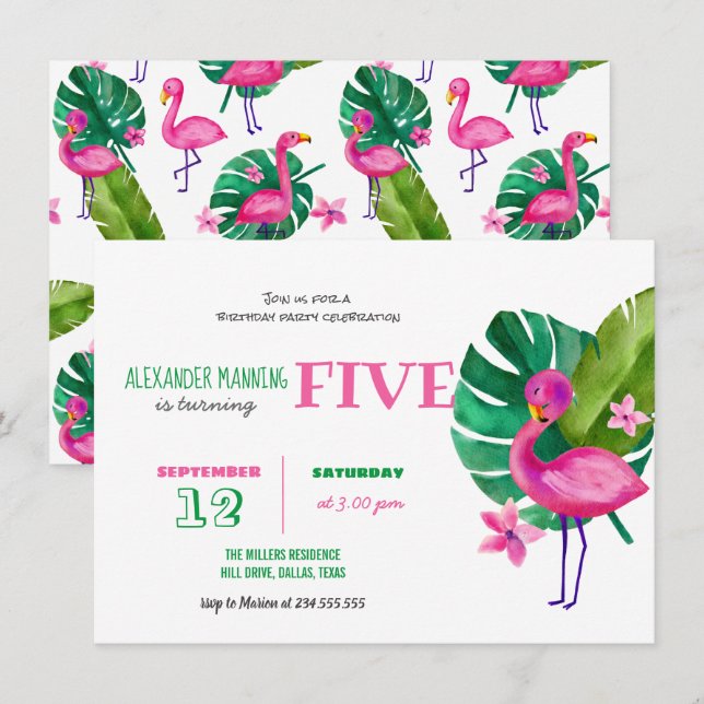 Invitation Aquarelle rose Flamant rose Tropical Anniversaire (Devant / Derrière)