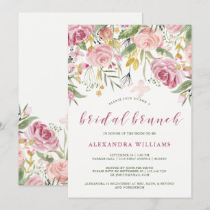 Invitation Aquarelle rose fleur  Brunch nuptial floral d'or