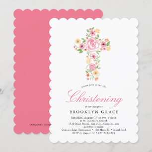 Invitation Aquarelle rose Fleur Croix Baptême