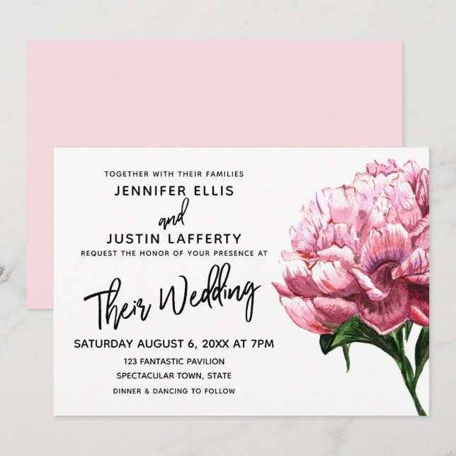 Invitation Aquarelle rose Fleur de pivoine, Mariage moderne (Devant / Derrière)