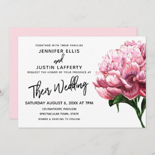 Invitation Aquarelle rose Fleur de pivoine, Mariage moderne
