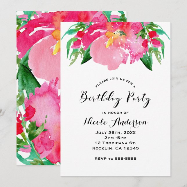 Invitation Aquarelle rose Fleur Floral été Anniversaire (Devant / Derrière)