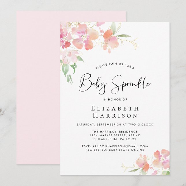 Invitation Aquarelle rose fleurie pour bébé (Devant / Derrière)