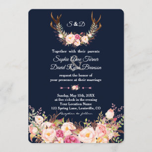 Invitation Aquarelle rose Fleurs blanches Antlers Mariage de