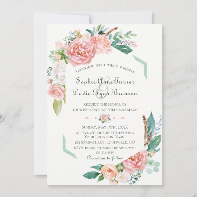 Invitation Aquarelle rose Fleurs blanches Mariage cadre vert (Devant)