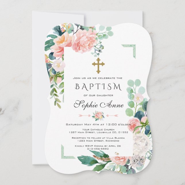 Invitation Aquarelle rose Fleurs blanches Vert Cadre Baptême (Devant)