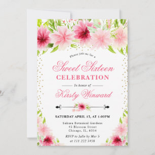 Invitation Aquarelle rose Fleurs estivales Photo Sweet 16