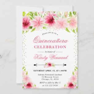 Invitation Aquarelle rose Fleurs estivales Quinceanera