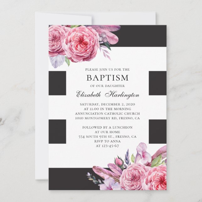 Invitation Aquarelle rose fleurs et plumes de boho et baptême (Devant)