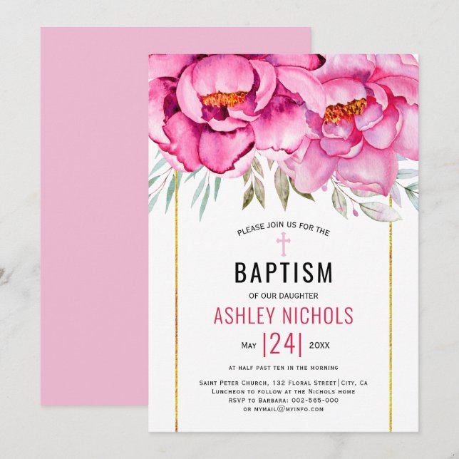 Invitation Aquarelle rose fleurs florales fille Baptême (Devant / Derrière)
