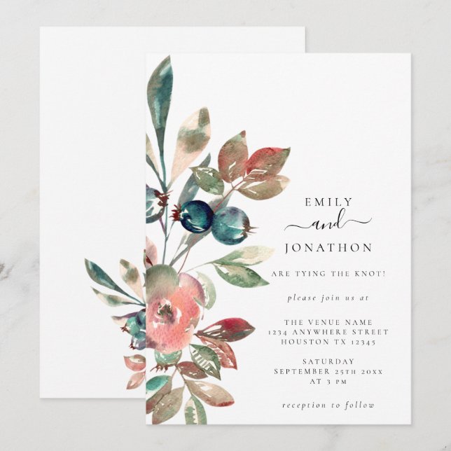 Invitation Aquarelle rose fleurs Mariage botanique Turquoise (Devant / Derrière)
