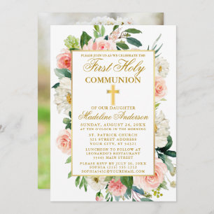 Invitation Aquarelle Rose Fleurs Première Communion Photo