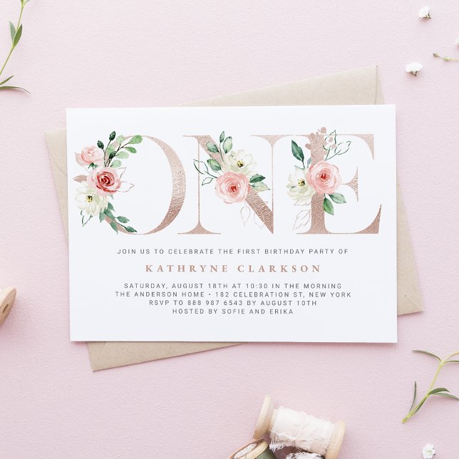 Invitation Aquarelle rose Fleurs Rose Or premier anniversaire (Créateur téléchargé)