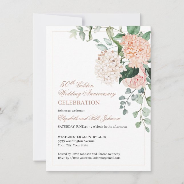 Invitation Aquarelle rose Floral 50e anniversaire Mariage (Devant)