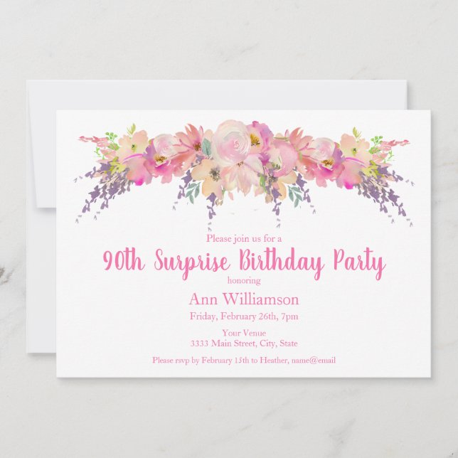 Invitation Aquarelle rose Floral 90e Anniversaire surprenant (Devant)