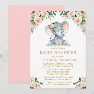 Invitation Aquarelle rose Floral Baby shower or Eléphant