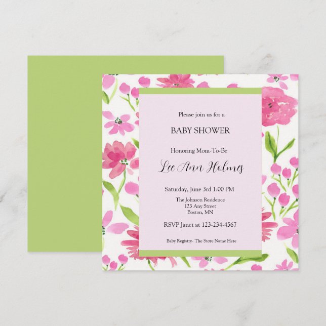 Invitation Aquarelle rose Floral Baby shower personnalisé (Devant / Derrière)