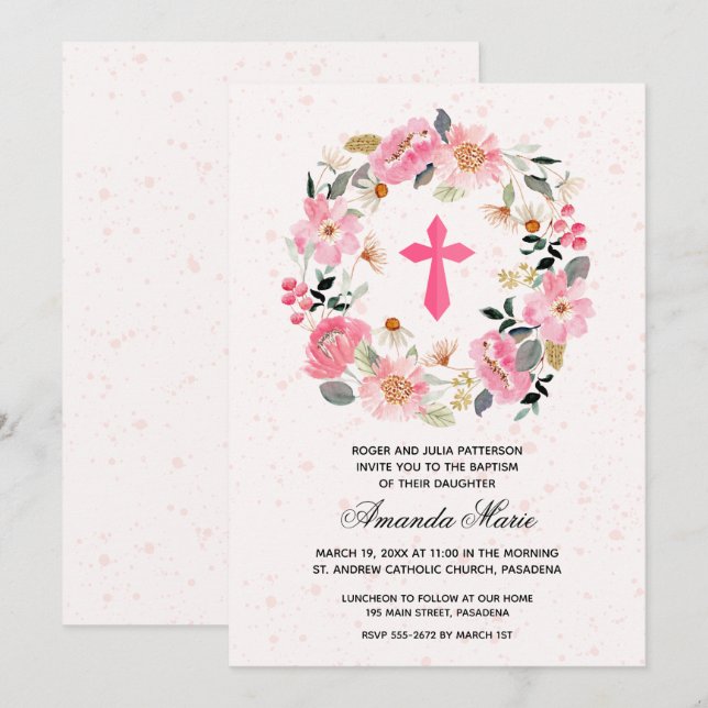 Invitation Aquarelle rose floral Baptême (Devant / Derrière)