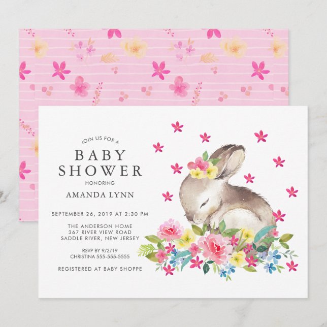 Invitation Aquarelle rose Floral Bunny Baby Girl Douche (Devant / Derrière)