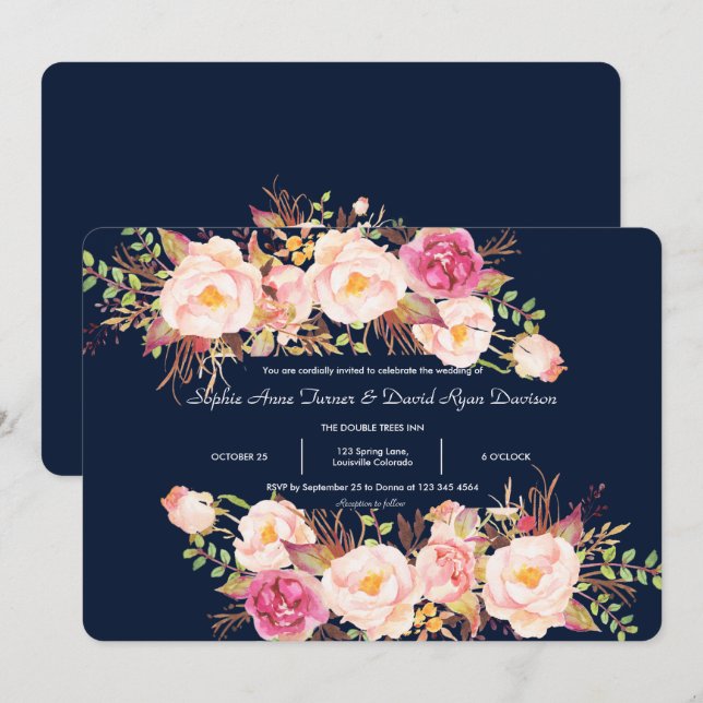 Invitation Aquarelle rose Floral Cadre bleu marine Mariage (Devant / Derrière)