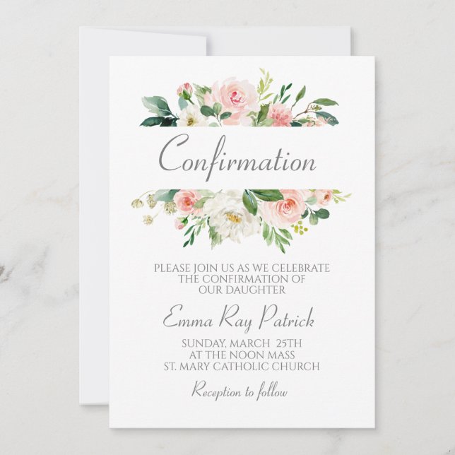 Invitation Aquarelle rose Floral Confirmation (Devant)