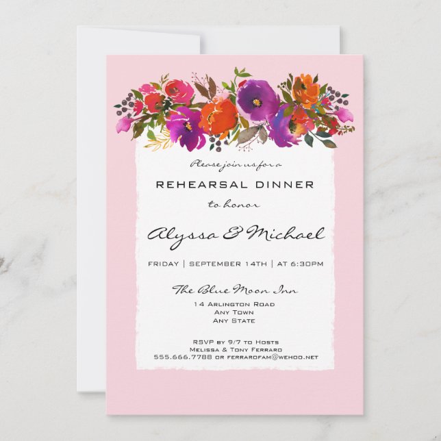 Invitation Aquarelle rose Floral Dîner de répétition Invitati (Devant)