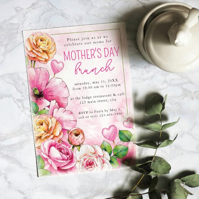 Invitation Aquarelle rose Floral Élégant Brunch Fête des Mère (Créateur téléchargé)