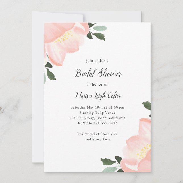 Invitation Aquarelle rose Floral Élégante Fête des mariées (Devant)