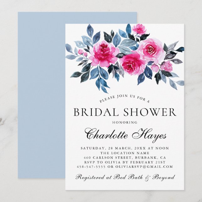 Invitation Aquarelle rose Floral Élégante Fête des mariées (Devant / Derrière)