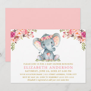 Invitation Aquarelle rose Floral Eléphant Baby shower Or