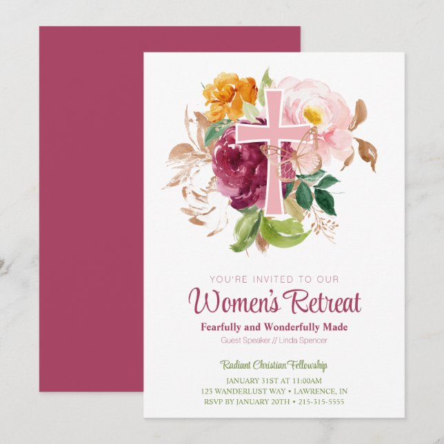 Invitation Aquarelle rose Floral féminin retraite de l'église (Devant / Derrière)