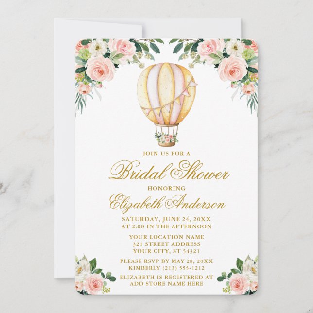 Invitation Aquarelle rose floral Fête des mariées or (Devant)