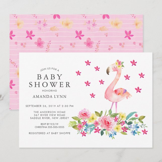 Invitation Aquarelle rose Floral Flamant rose bébé fille Douc (Devant / Derrière)