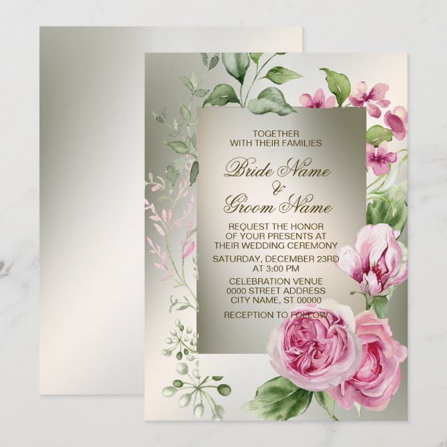 Invitation Aquarelle rose Floral Frame Bronze brillant (Devant / Derrière)