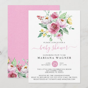 Invitation Aquarelle rose Floral Girl Baby shower