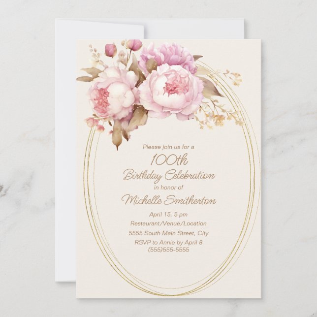 Invitation Aquarelle rose Floral Gold Frame 100e anniversaire (Devant)