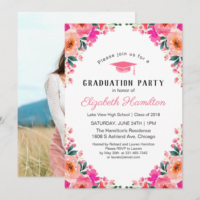 Invitation Aquarelle rose Floral Graduation Party Photo (Devant / Derrière)