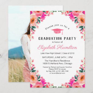 Invitation Aquarelle rose Floral Graduation Party Photo