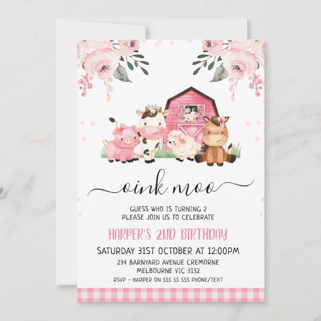 Invitation Aquarelle Rose Floral Grange Animaux de ferme Anni (Devant)