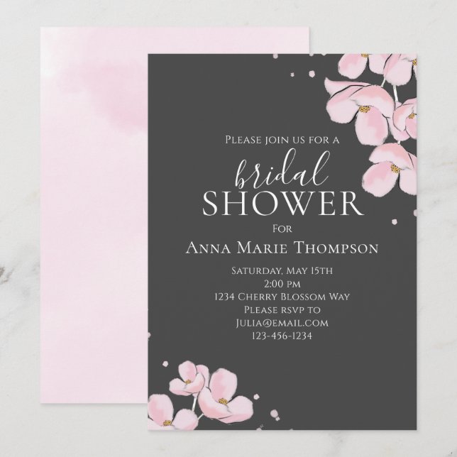 Invitation Aquarelle rose Floral Jolie Fleurs de cerisiers (Devant / Derrière)