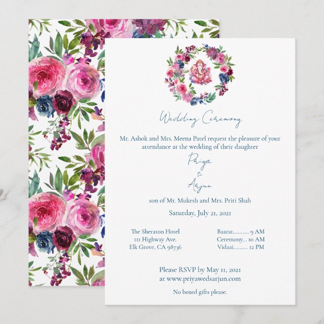 Invitation Aquarelle rose Floral Mariage Hindu Ganesh (Devant / Derrière)