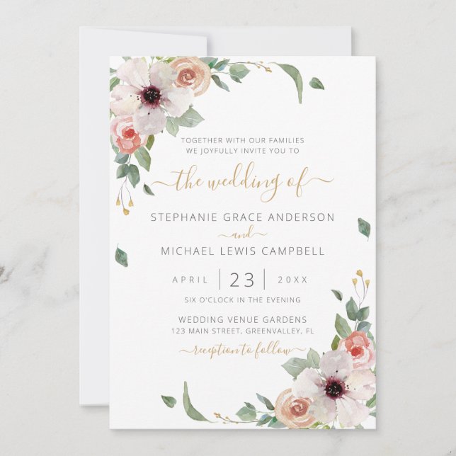 Invitation Aquarelle rose Floral Mariage moderne (Devant)