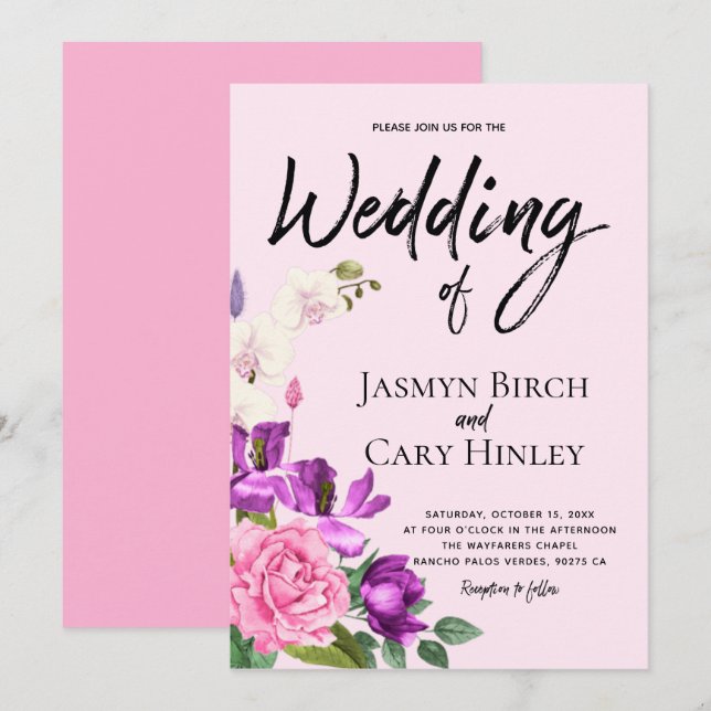 Invitation Aquarelle rose floral Mariage romantique (Devant / Derrière)